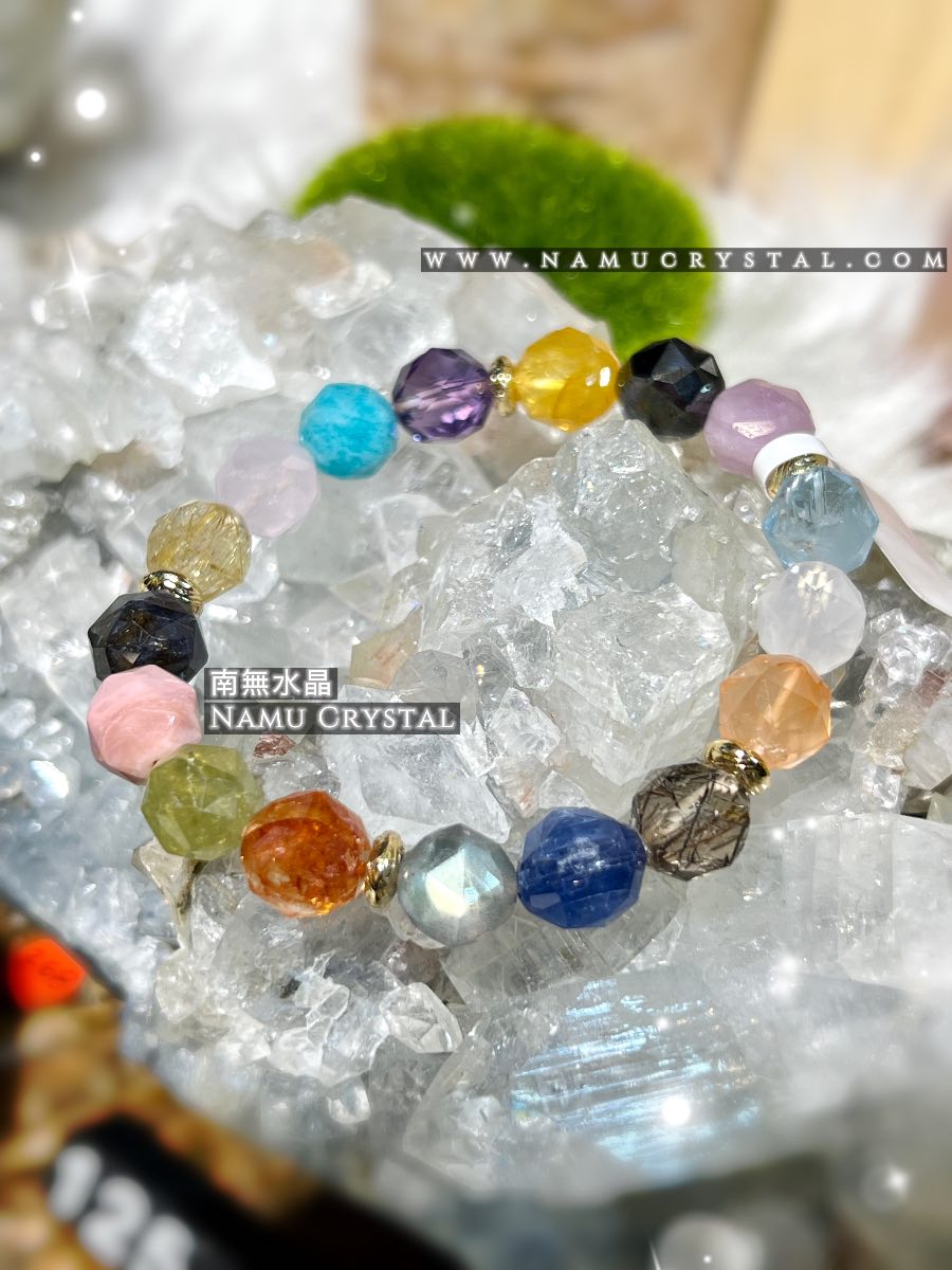 粉晶、紅膠花、天河石、灰月亮、藍托柏、藍晶石,紫晶、粉澳寶