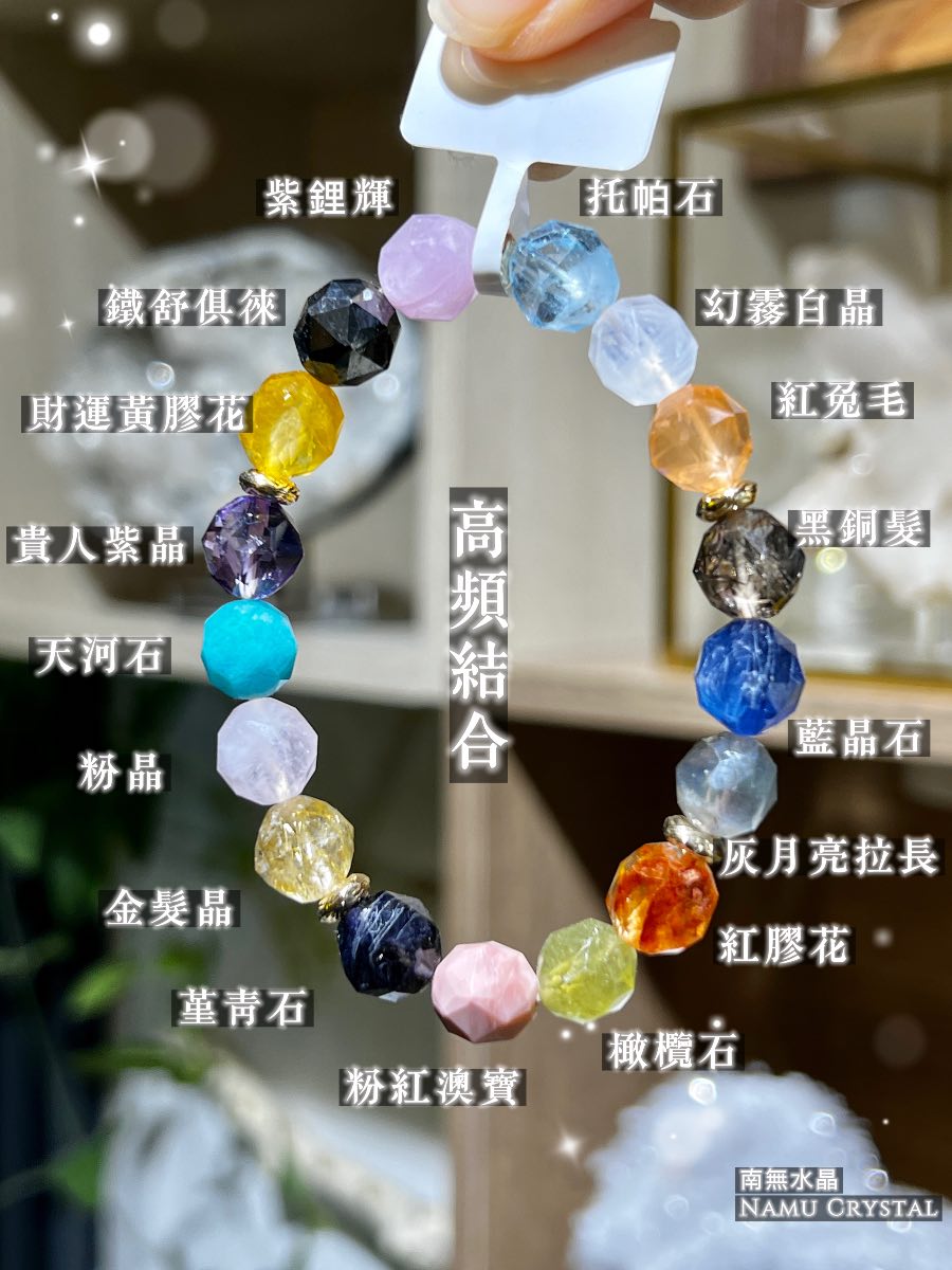 金髮晶、紅兔毛、白幽靈、橄欖石、堇青石