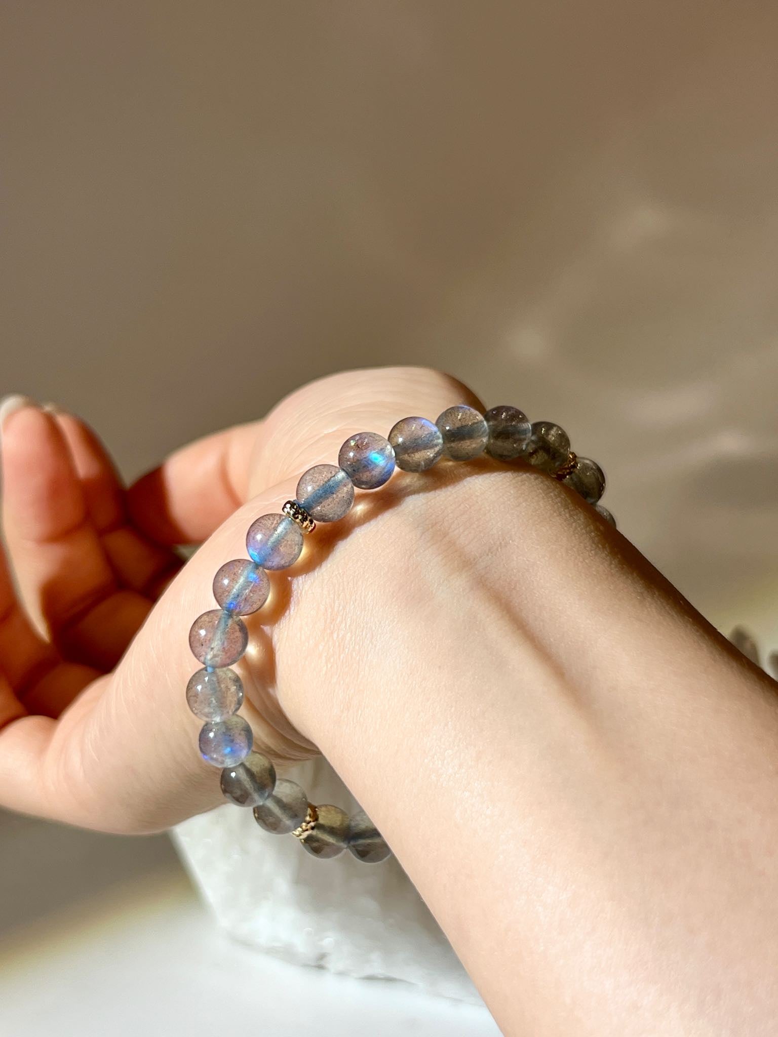 Blue labradorite bracelet 7.2MM displaying soft blue sheen and natural clarity