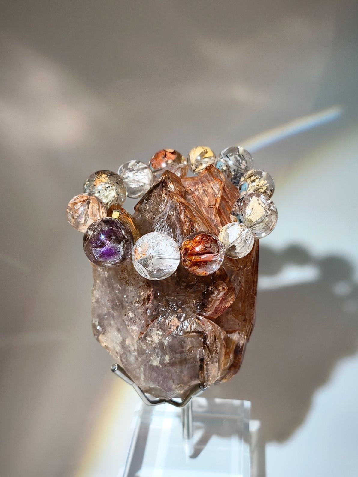 頂級收藏 三色骸骨水晶 紫晶基底 私人采購 定制底座 定制骸骨手串 Skeletal Fenster Quartz 