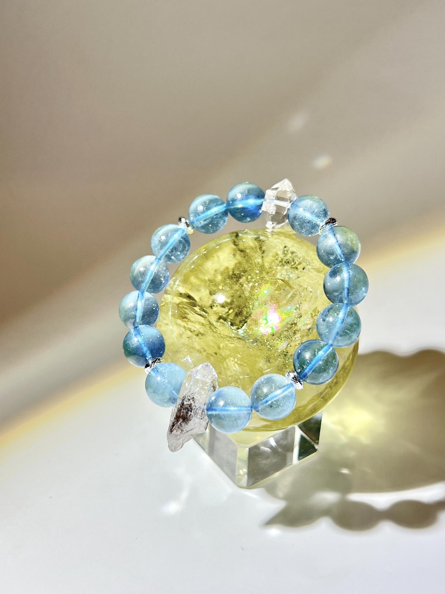 高品海藍寶配赫基蒙閃靈鑽手鏈 Aquamarine Herkimer 喉輪修復手鏈全貌展示