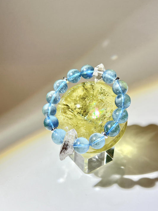 高品海藍寶配赫基蒙閃靈鑽手鏈 Aquamarine Herkimer 喉輪修復手鏈全貌展示