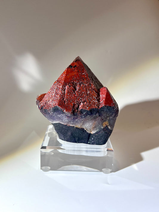 加拿大極光23骨幹水晶原石標本，展示天然完整單體晶柱與鮮紅赤鐵礦權杖頭，附壓克力底座。