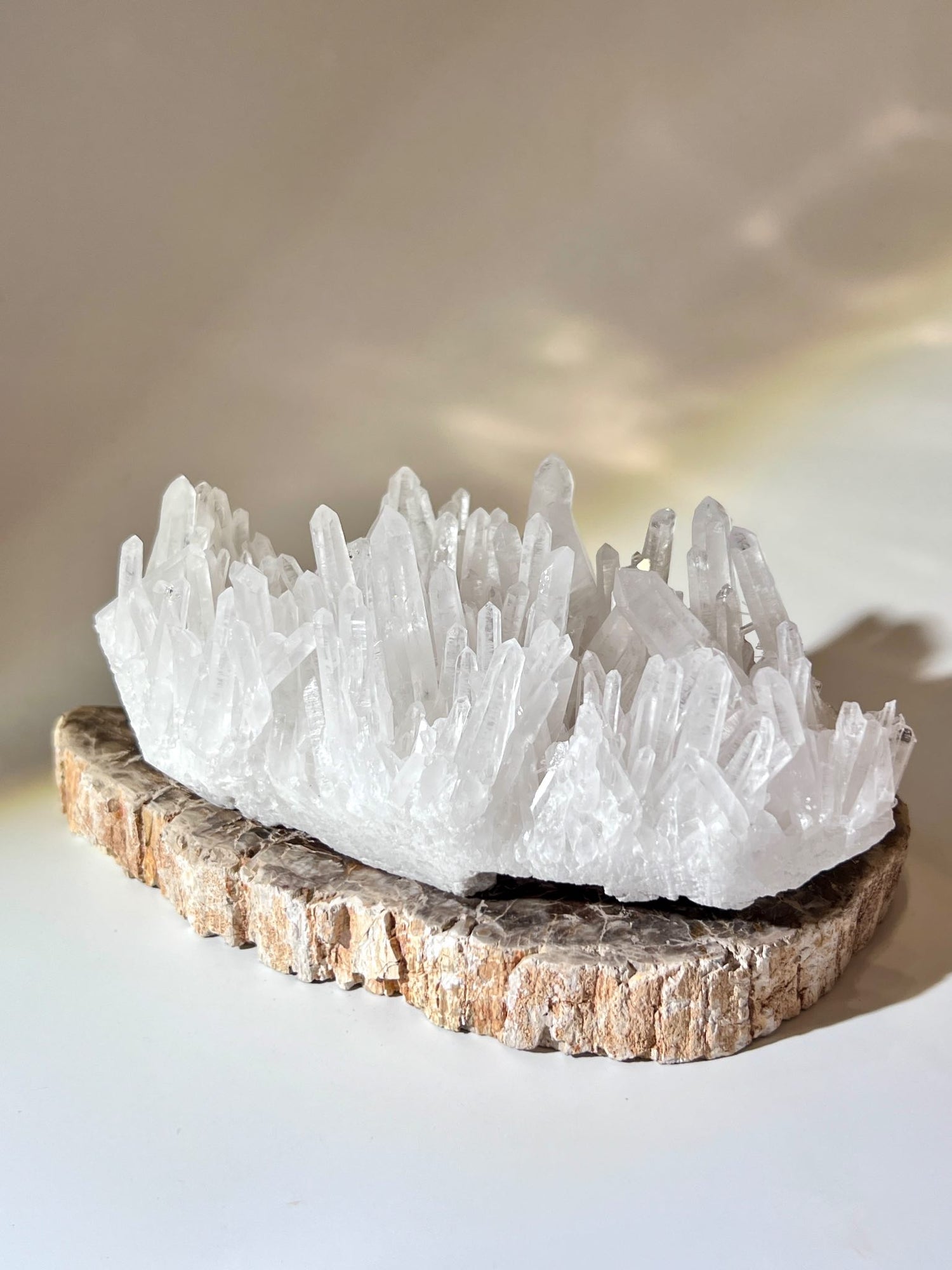Lemurian Crystal Cluster on Wooden Base – Natural High Vibration Healing Stone