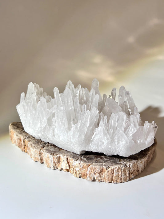 Lemurian Crystal Cluster on Wooden Base – Natural High Vibration Healing Stone