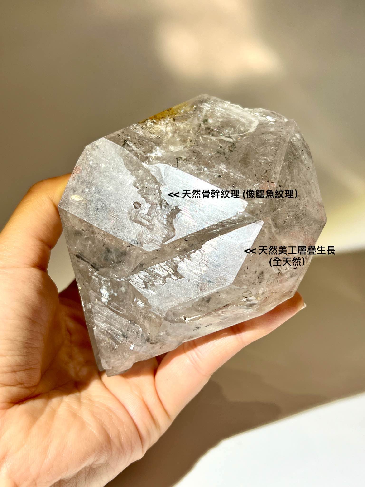 大型 Herkimer Diamond，表面有明顯刻蝕條紋，內部帶金色礦物與液體包裹體。