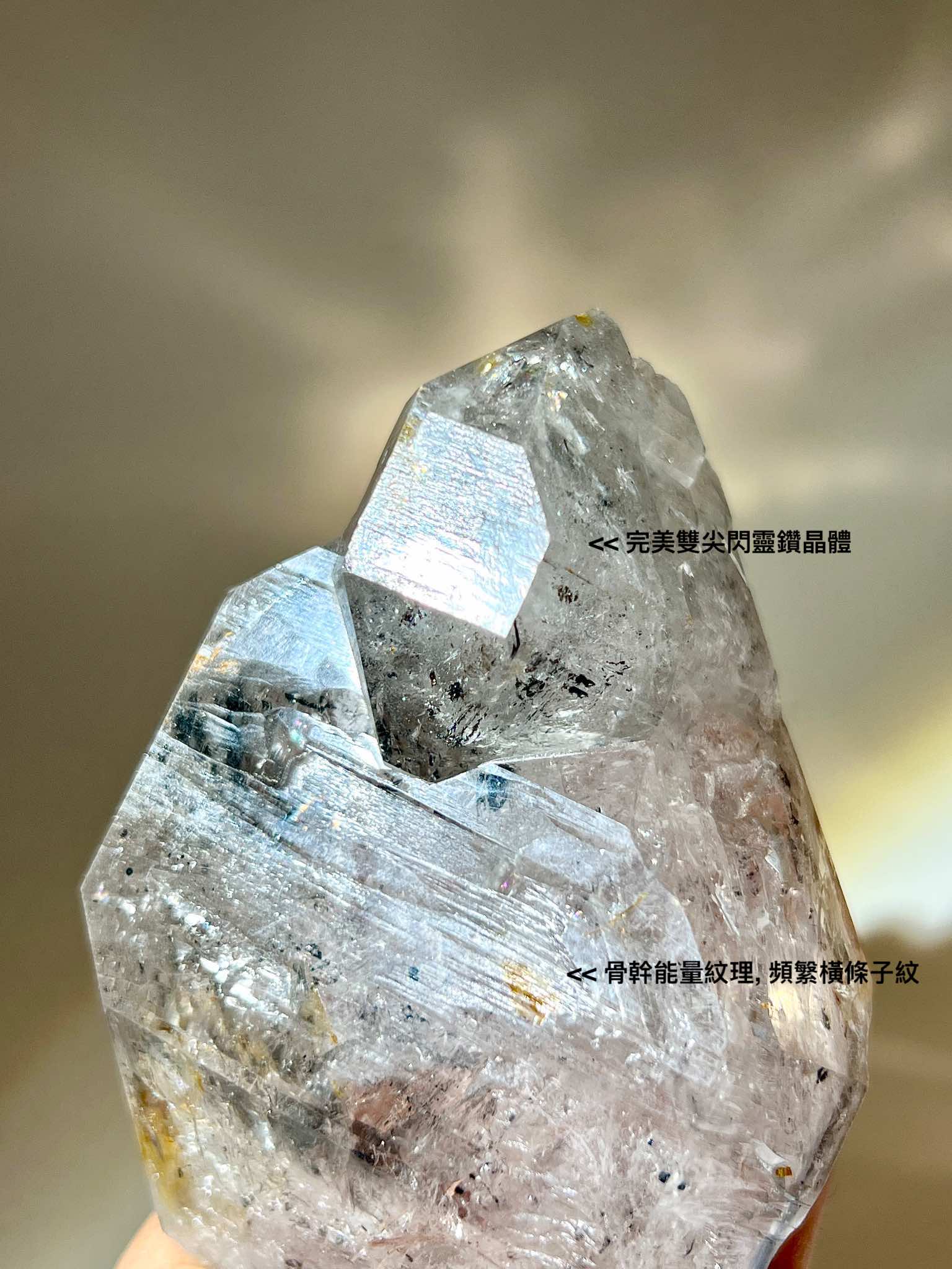 多面天然 Herkimer Diamond 雙尖水晶，呈現板狀內含物與大水庫結構。