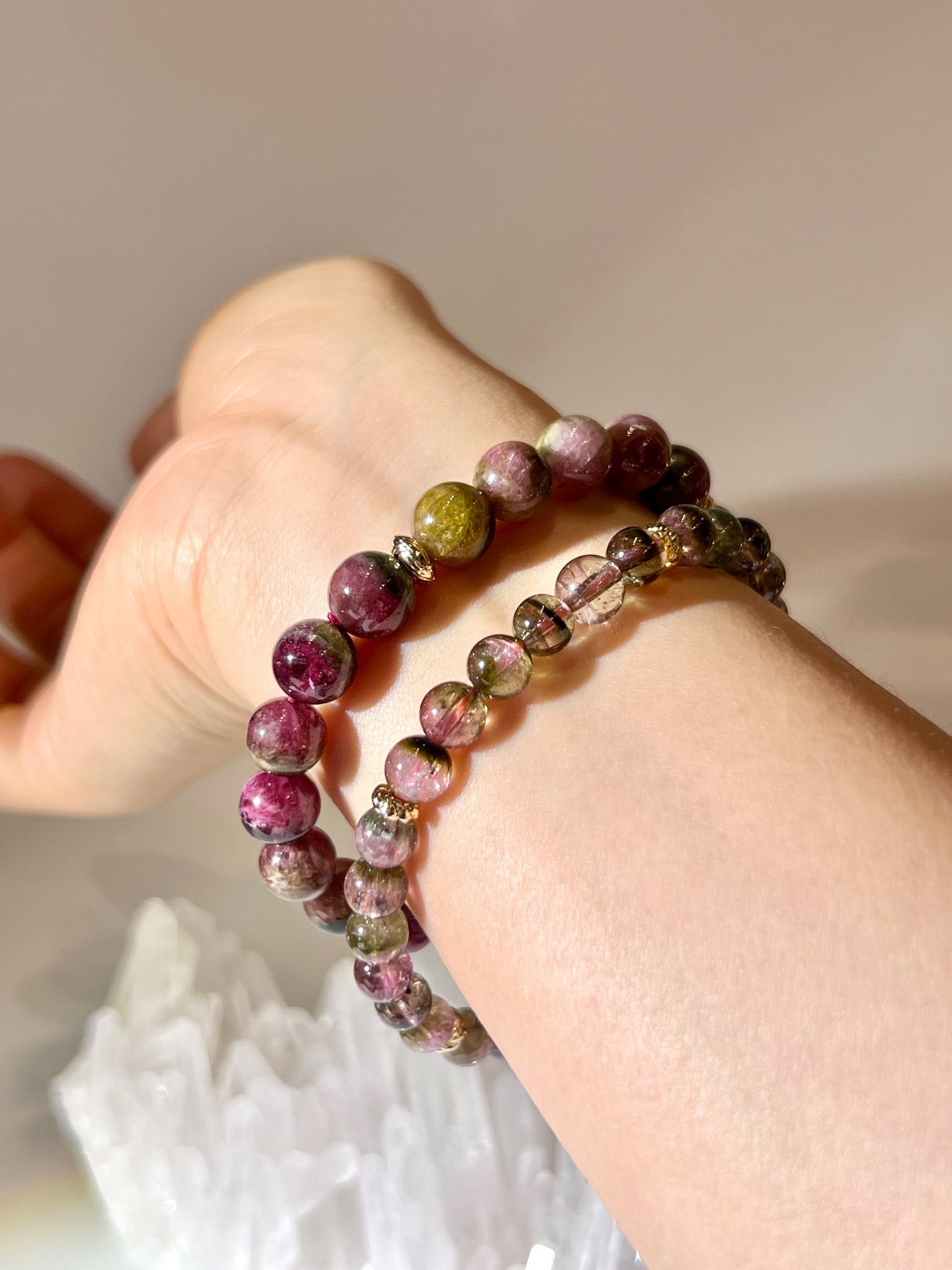 Natural Watermelon Tourmaline bracelet 8.5MM with vivid pink and green tones